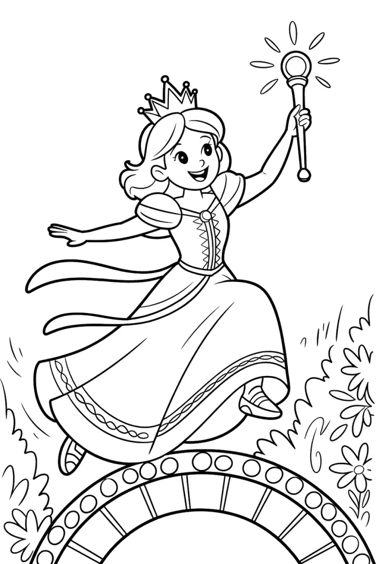 A young girl sitting at a wooden table focused on coloring a princess picture