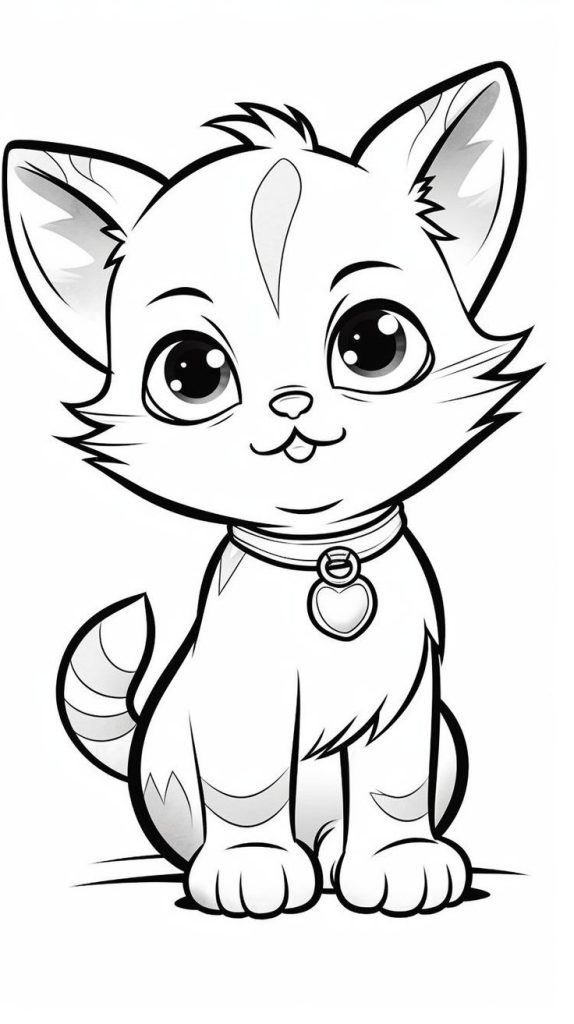 A young child carefully coloring in a black and white kitten illustration