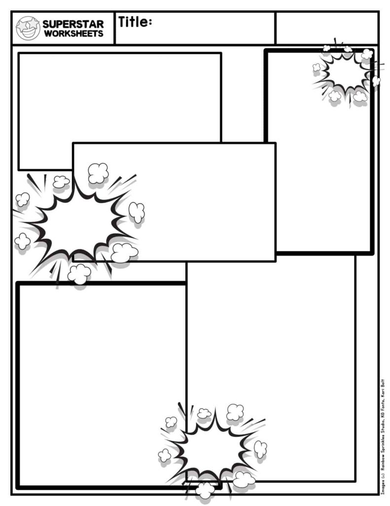 Child drawing a superhero adventure on a blank comic book page