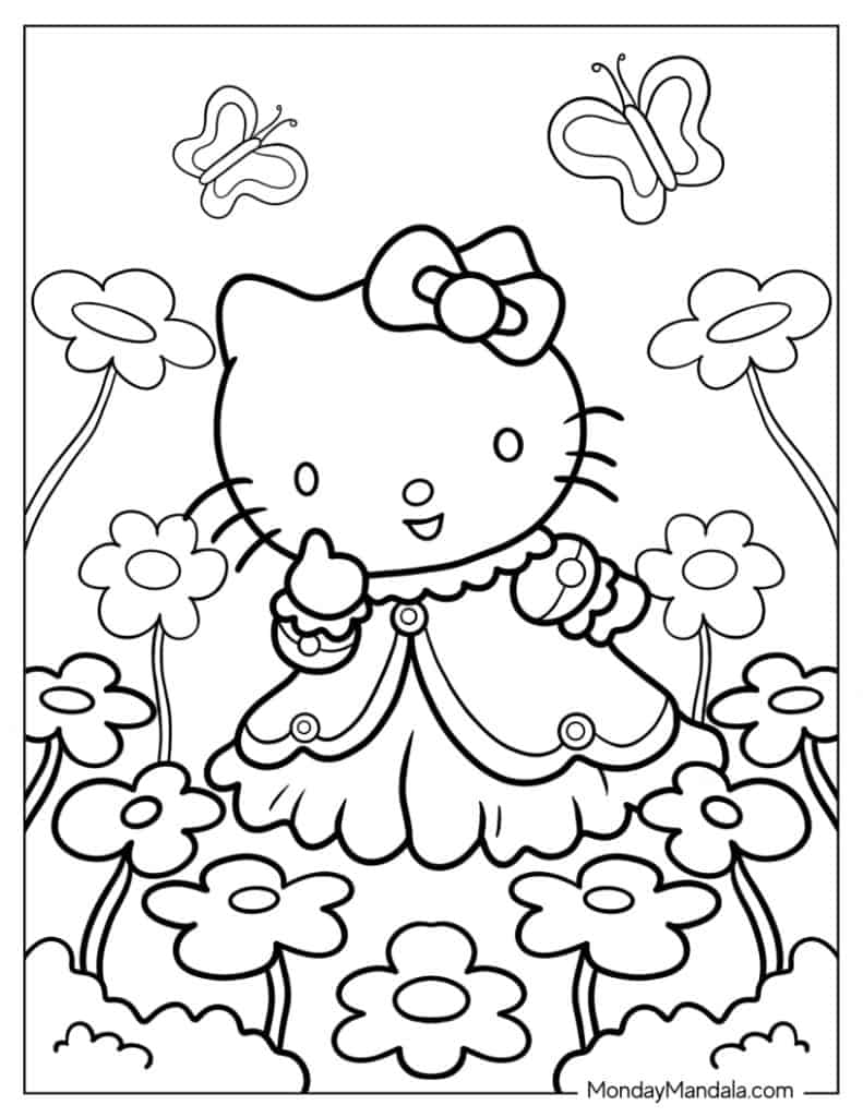 A young child sitting at a desk coloring a Hello Kitty activity sheet