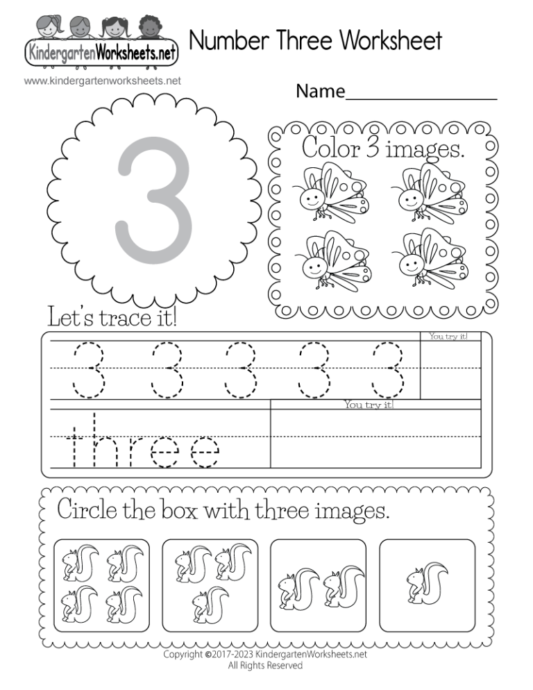 A child using a crayon to trace the number three on a worksheet