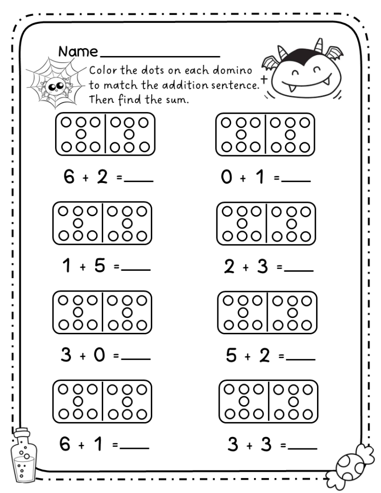 A young student pointing at a printed math sheet featuring domino patterns