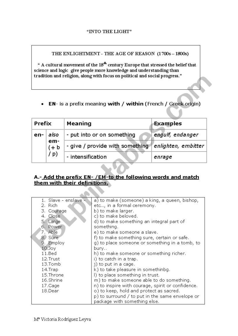 A colorful educational worksheet featuring words starting with em and en prefixes