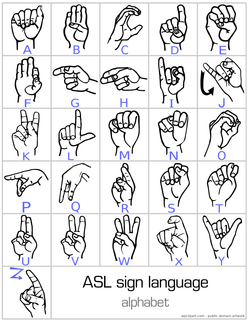 Child holding a letter card while looking at an ASL wall chart
