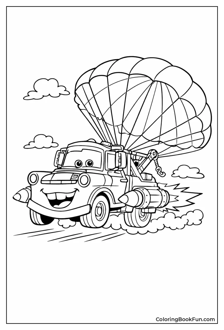 A young child carefully coloring a detailed illustration of a friendly tow truck