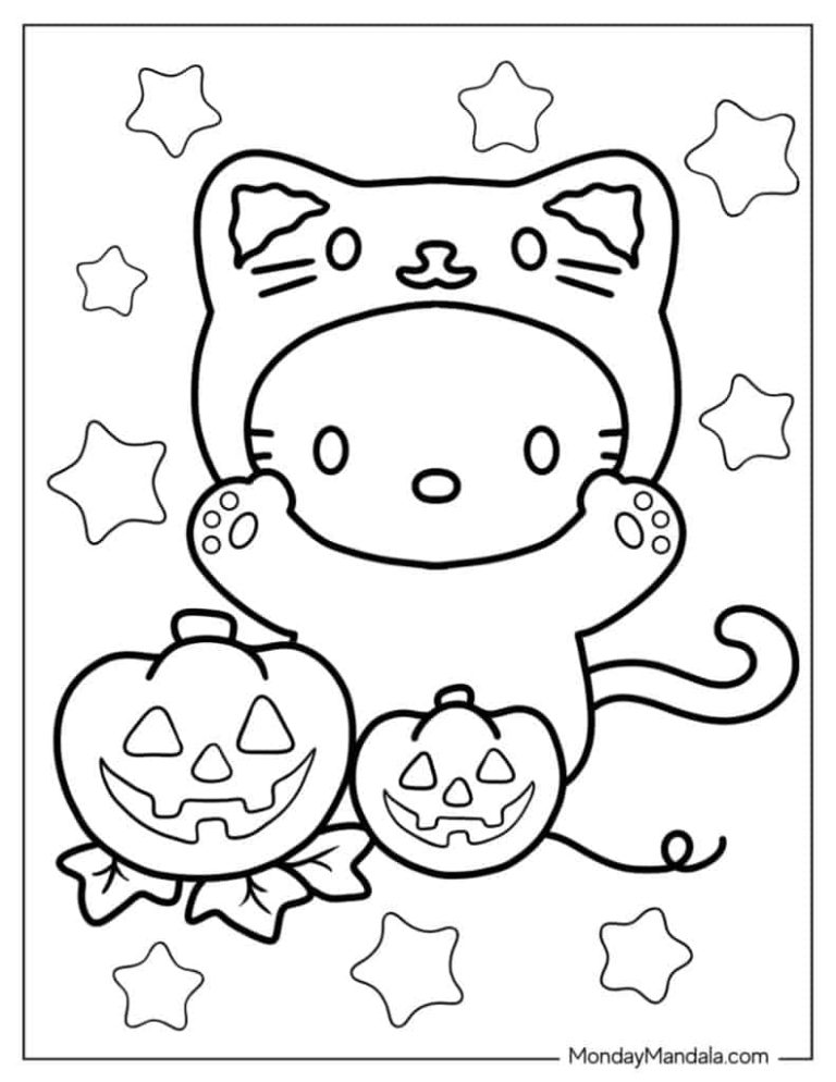 A young child sitting at a desk coloring a Hello Kitty activity sheet