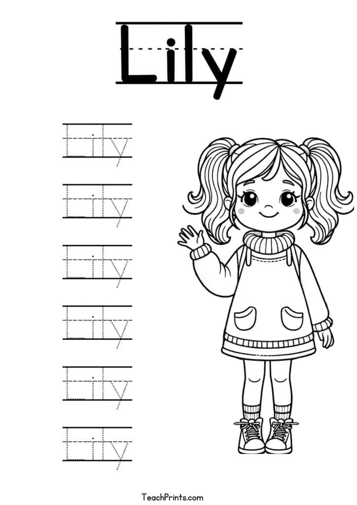 A young child sitting at a wooden desk carefully tracing their name on a paper worksheet