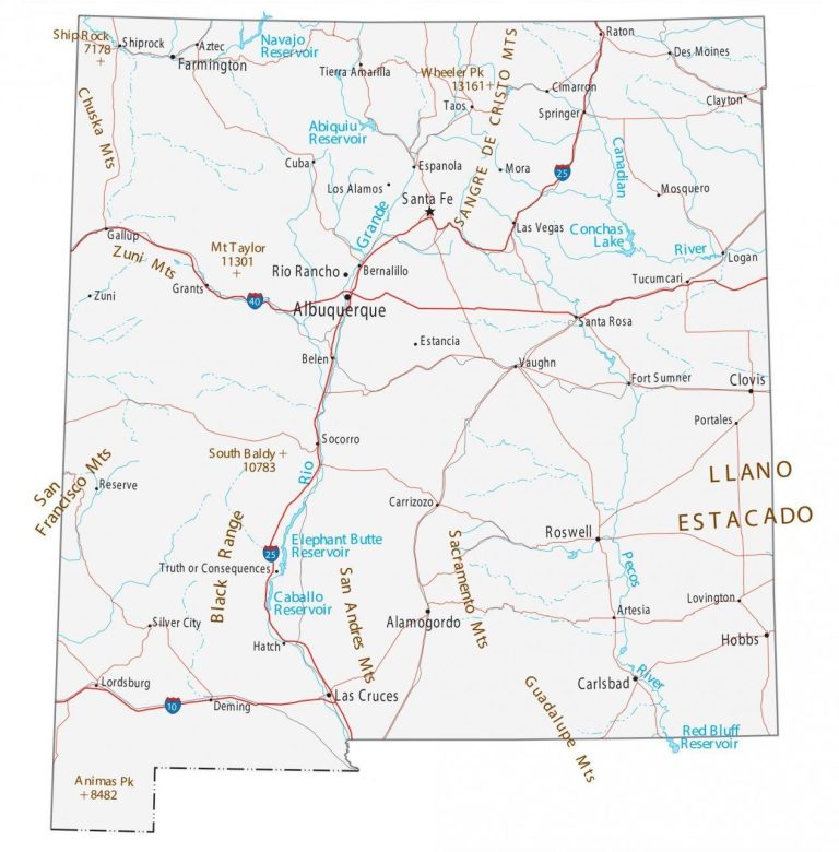 A topographical map showing mountain ranges and river basins in New Mexico