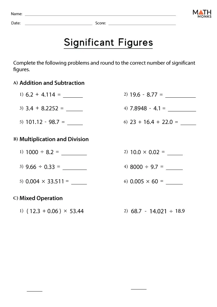 Student working on a math worksheet involving scientific notation and precision