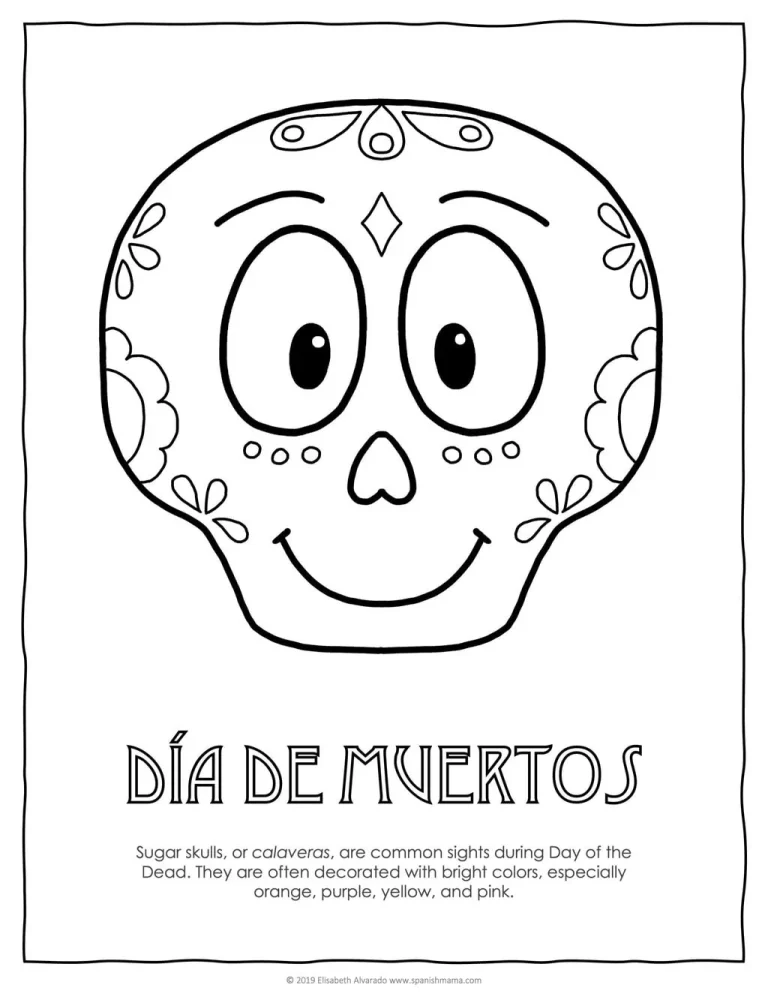 A detailed sugar skull coloring page featuring intricate floral patterns and geometric shapes