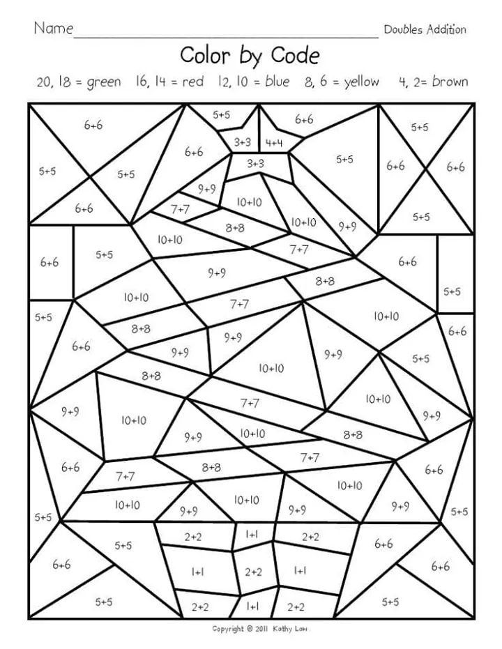 A student coloring a math worksheet featuring multi-digit addition problems.