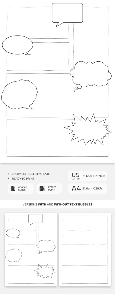 A completed comic strip template showing a child's creative storytelling.