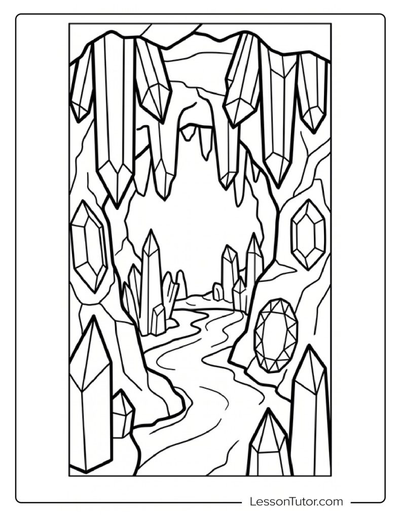 A child carefully filling in a cave outline coloring sheet