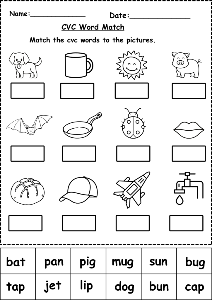 A young child holding a pencil carefully matching words to pictures on a worksheet