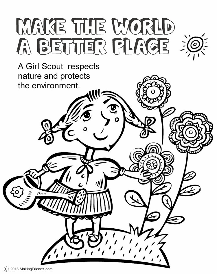 A Brownie scout coloring a picture of a campfire and tent.