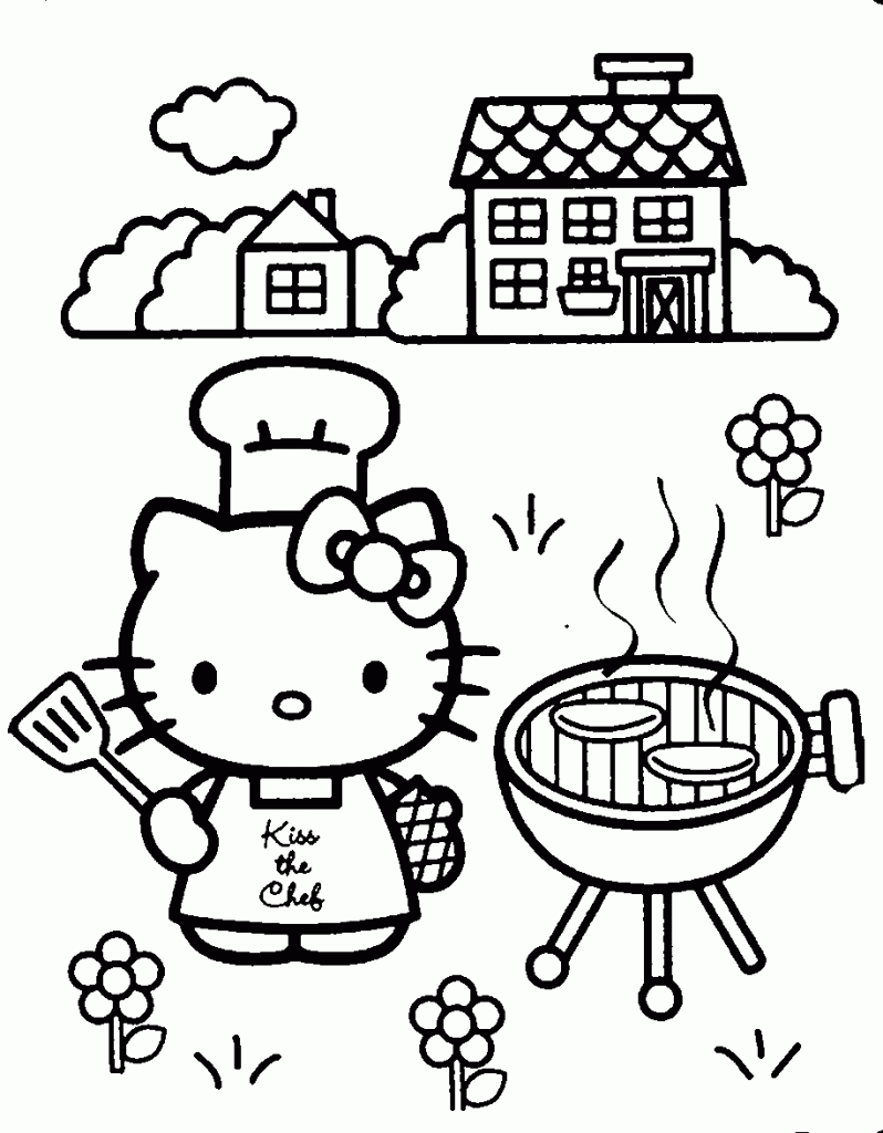 A young child sitting at a desk coloring a Hello Kitty activity sheet