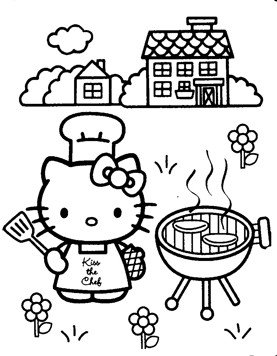 A young child sitting at a desk coloring a Hello Kitty activity sheet