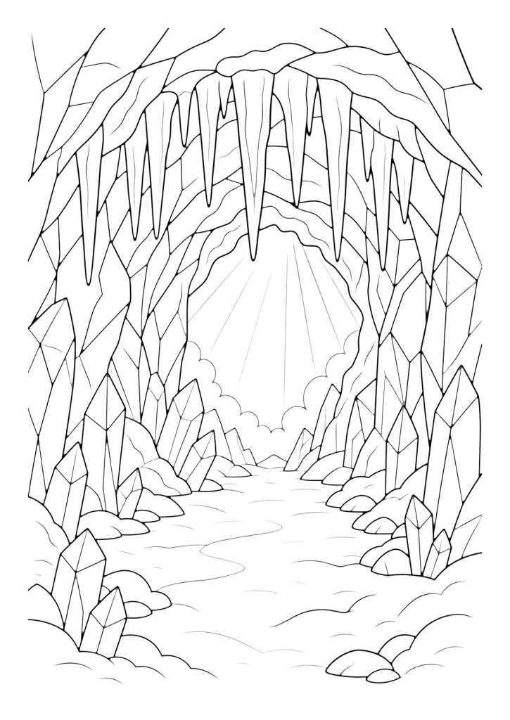 A finished drawing of a cave hanging on a refrigerator