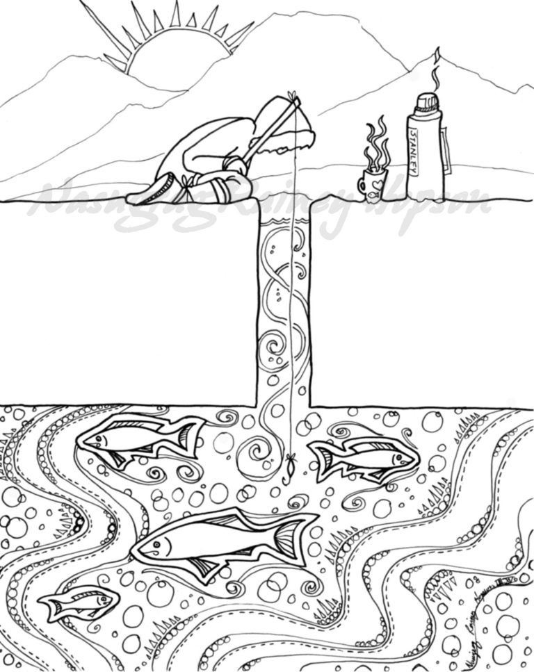 A young child focused on coloring a detailed scene of Alaskan wildlife