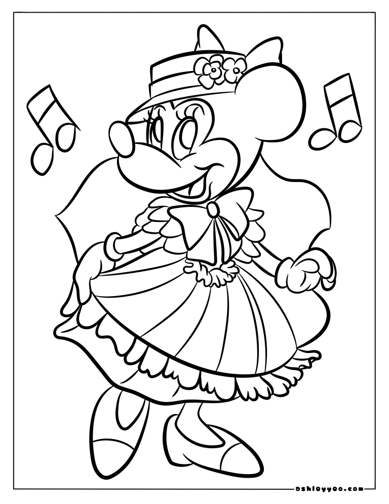 A young girl carefully coloring a Minnie Mouse picture at a wooden table