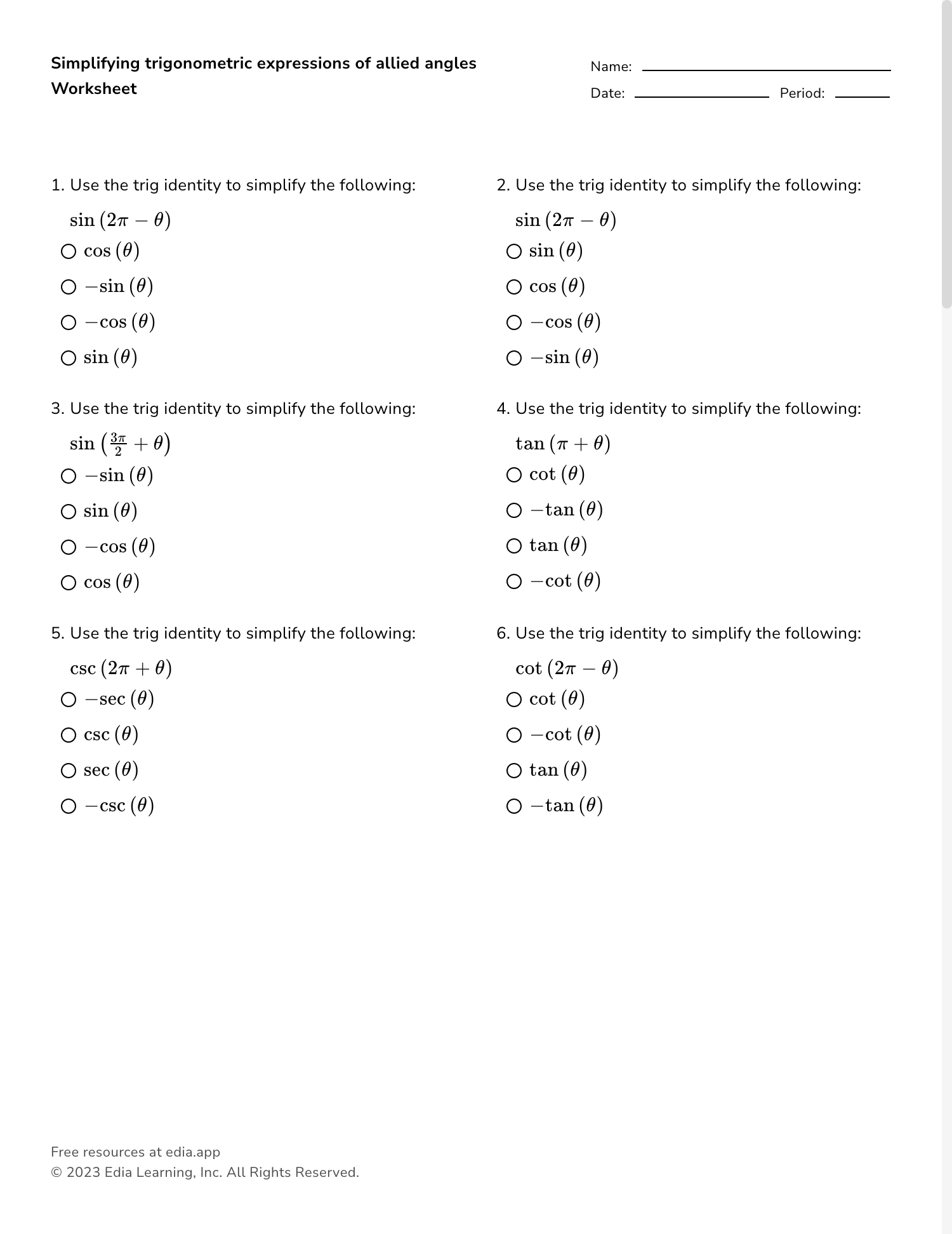 Close up of a math worksheet showing handwritten trigonometric substitutions