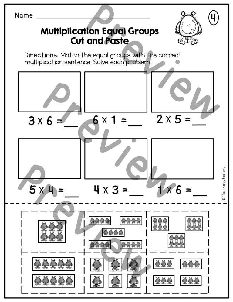 Student using scissors to cut out multiplication equation squares for a math worksheet