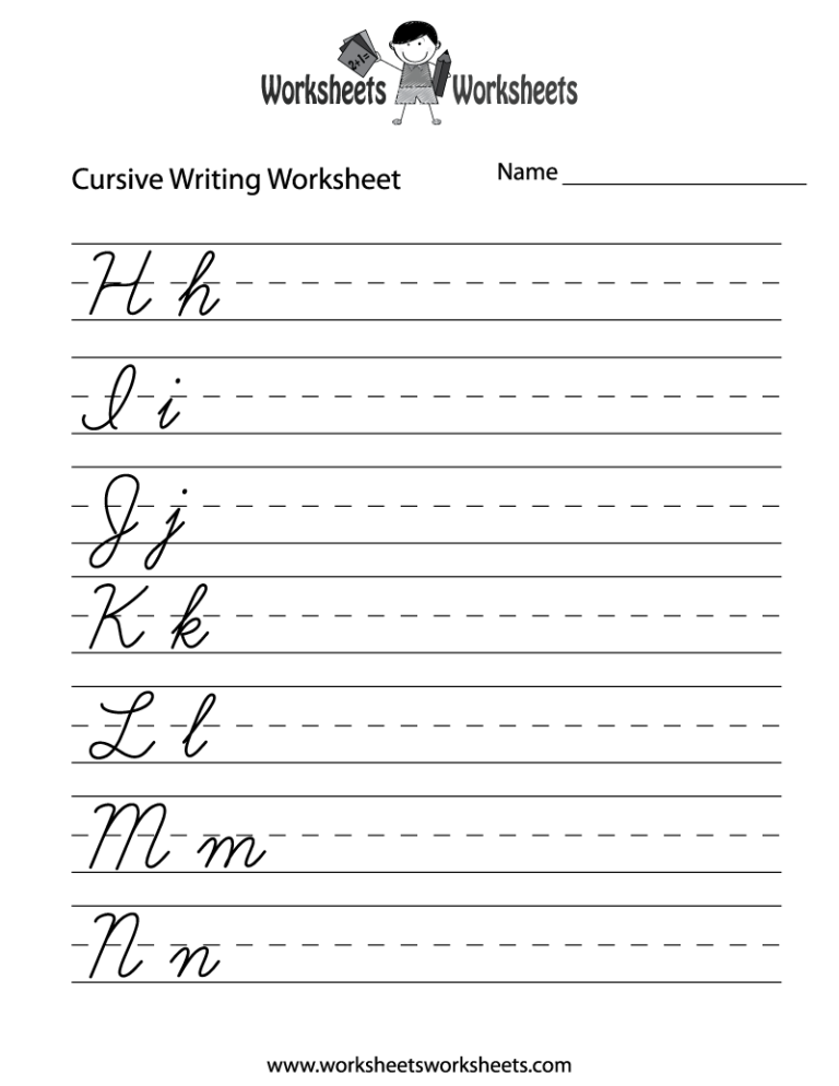 A close-up view of a child tracing cursive letters on a worksheet