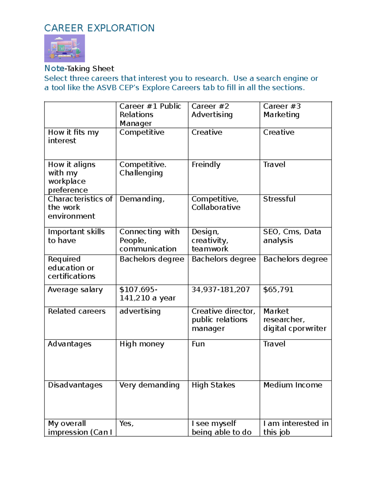A printed career exploration document on a clean workspace