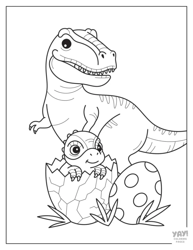 A child carefully coloring a detailed Tyrannosaurus Rex skeleton diagram