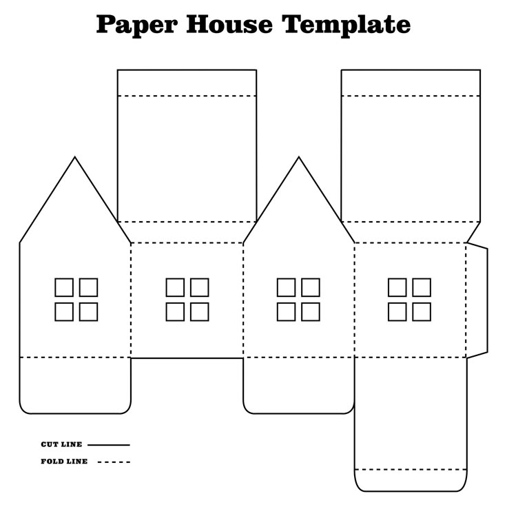 Children cutting out paper house templates at a school desk