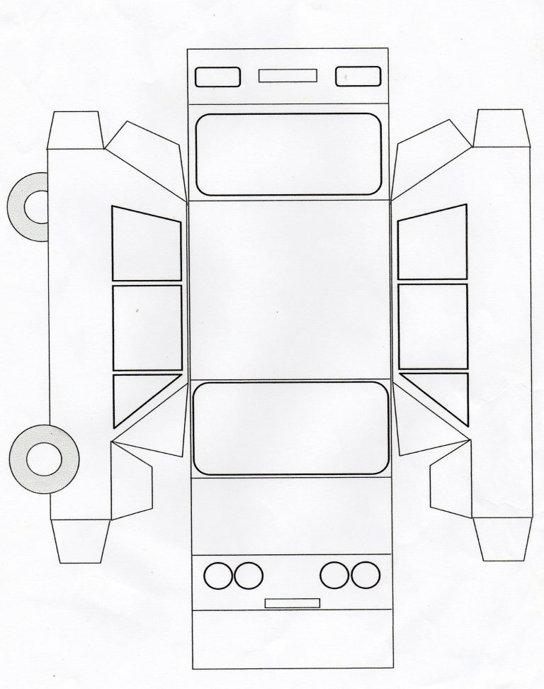 A colorful paper car template printed on a piece of white cardstock