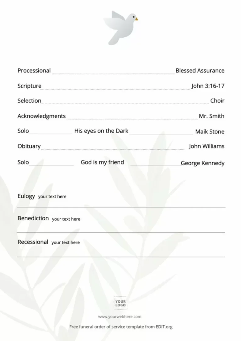 A clean, minimalist funeral program template sitting on a wooden table.