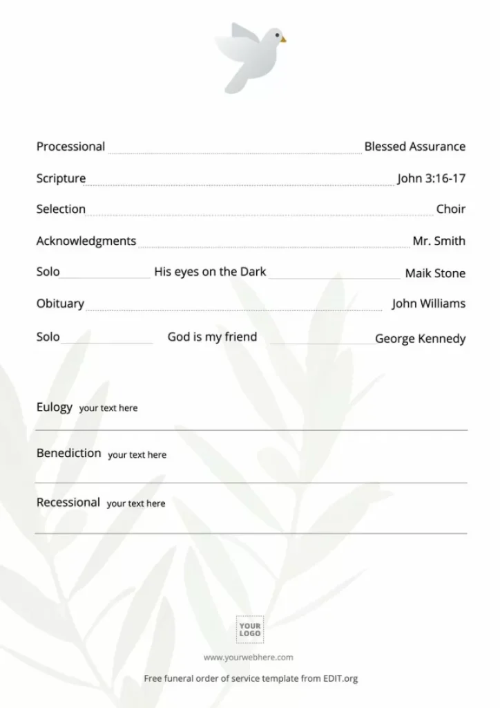 A clean, minimalist funeral program template sitting on a wooden table.