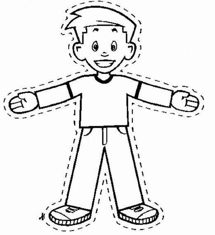 A child coloring a black and white printable paper boy cutout.