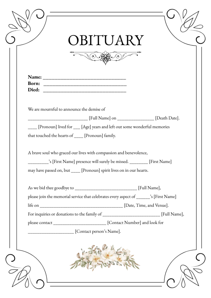 A clean, minimalist funeral program template sitting on a wooden table.