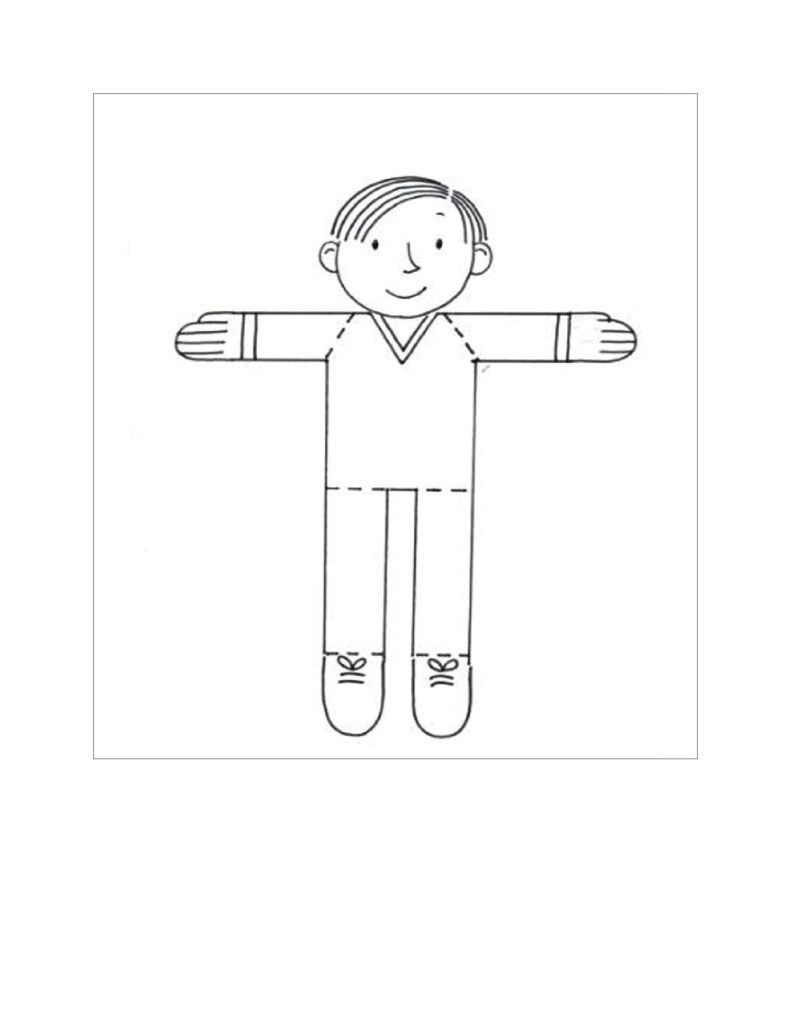 A child coloring a black and white printable paper boy cutout.