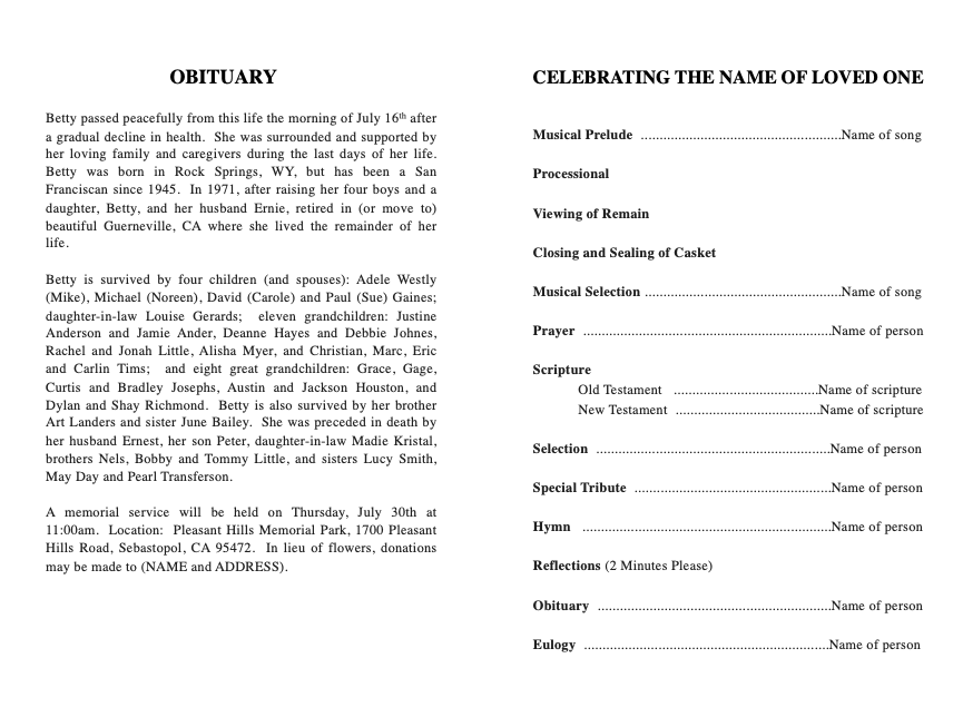 A clean, minimalist funeral program template sitting on a wooden table.