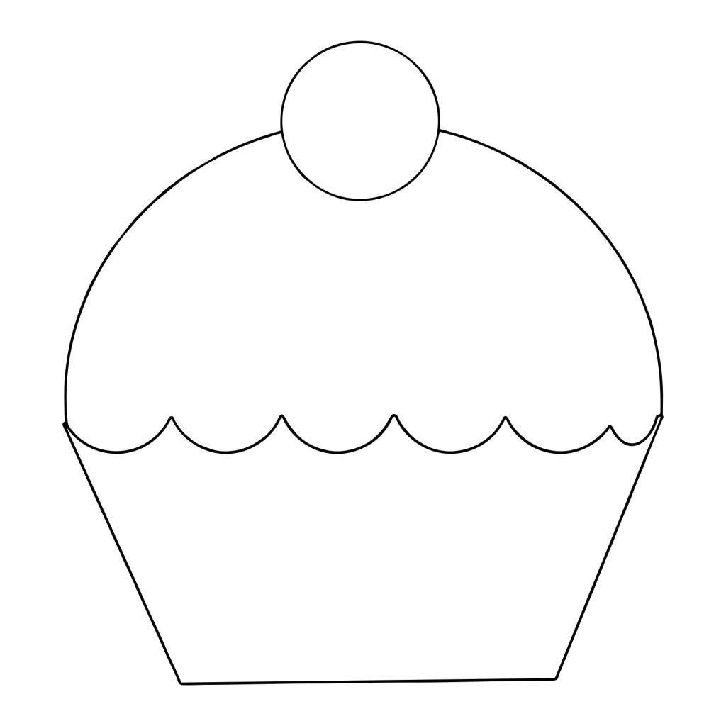 A simple black and white line drawing of a blank cupcake