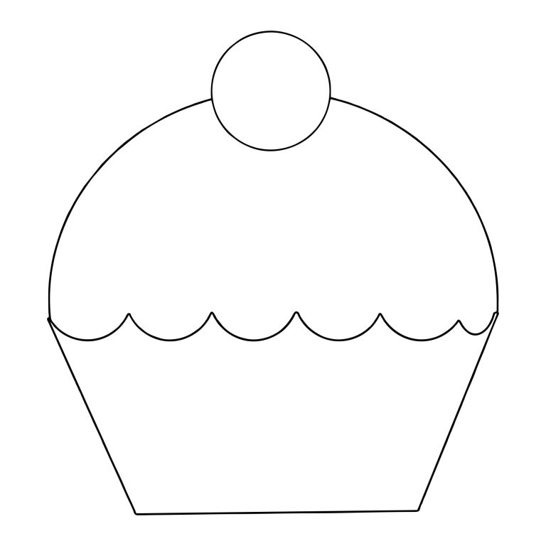 A simple black and white line drawing of a blank cupcake