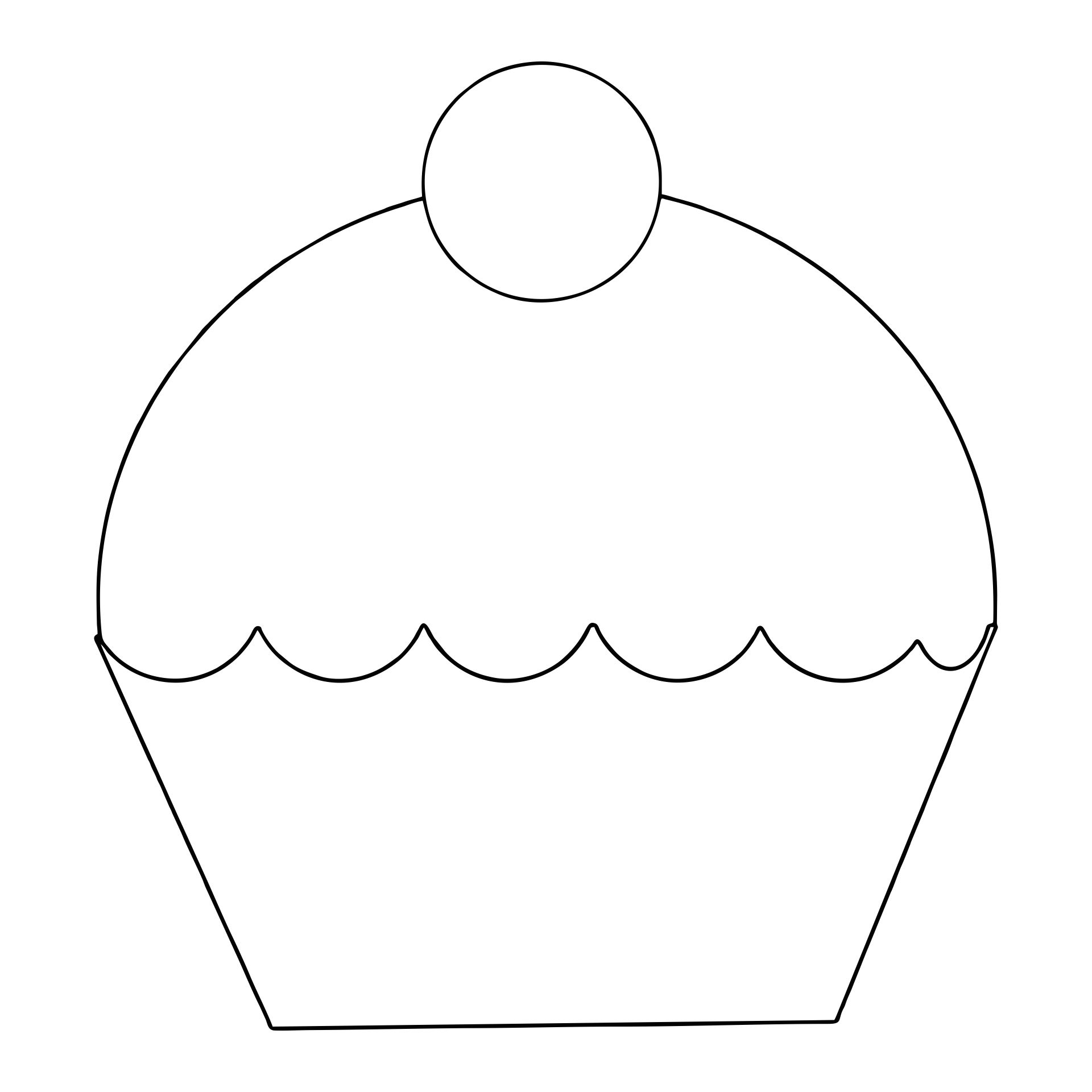 A simple black and white line drawing of a blank cupcake