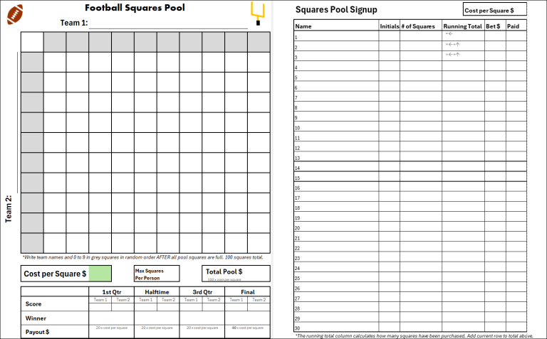 A student carefully writing names into a blank football square grid on paper